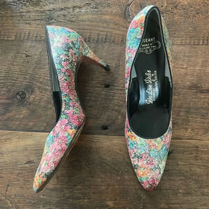 Vintage Glitter Floral High Heel Shoes Pageant De Liso Debs size 8.5